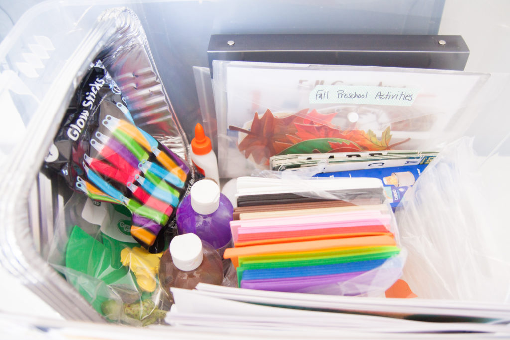 Organizing A Year of Playing Skillfully supplies into large storage tote